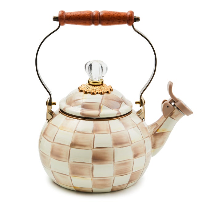 Mocha Check Enamel Whistling Tea Kettle