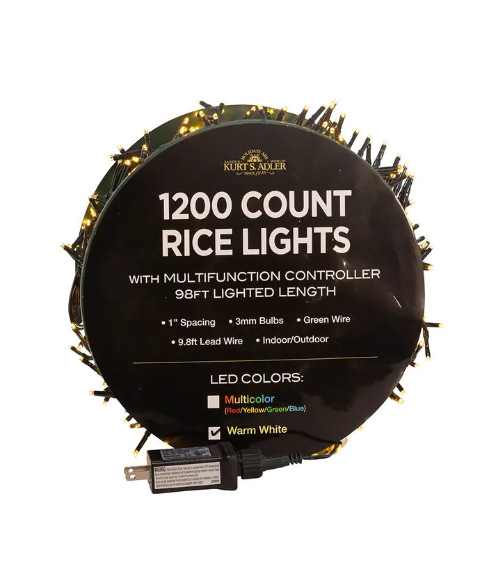 98' 1,200-Light Warm White 3MM LED Multifunction Rice Lights With Green Wire