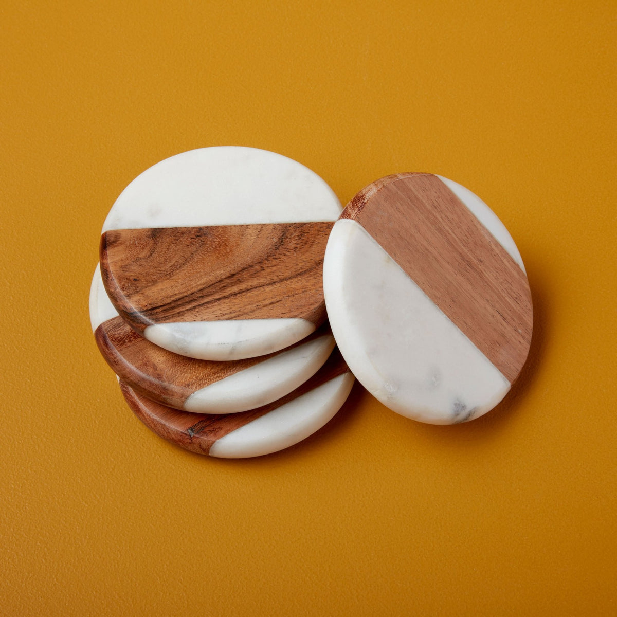 White Marble & Wood Round Coaster Set