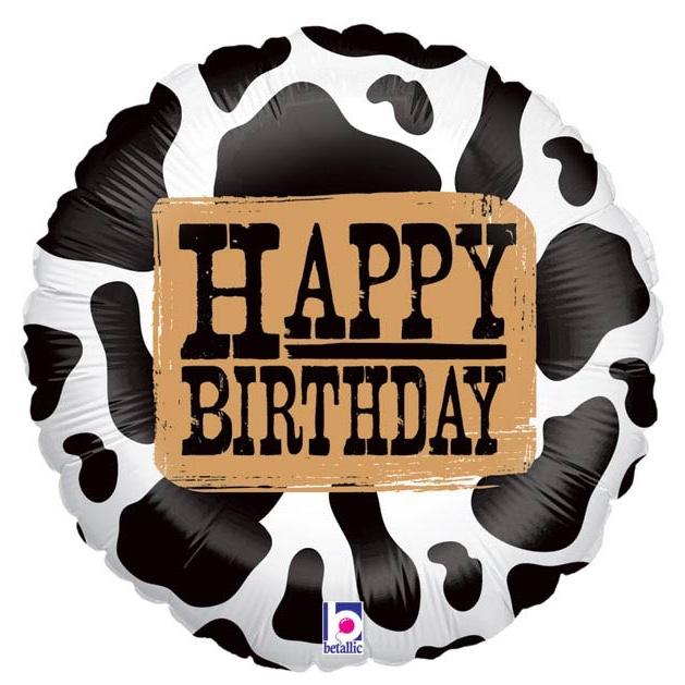 Western happy birthday balloon, with a cow skin pattern