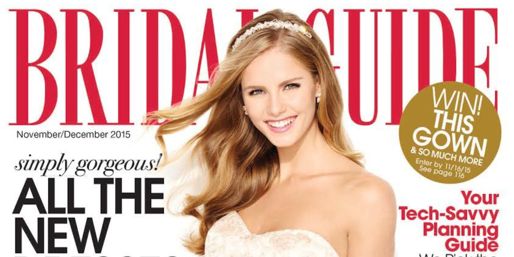 The cover of the bridal guide magazine. A beautiful young bride smiling is the cover of the December 2015 issue.