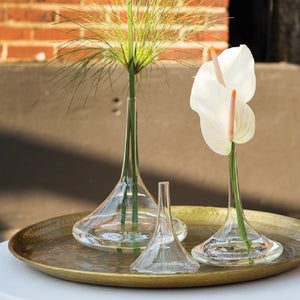 Three glass vases with a decanter shape, one of them containing a white flower, another containing a green plant, and the third one empty. The three of them are on a gold tray, and in the background, a brick wall.