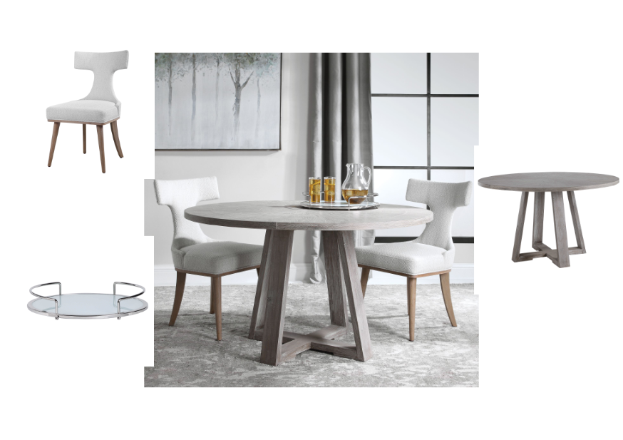 An Scandinavian living arera with two accent white chairs and an accent tanble with drinks on fruits on it. An artwork with three swimming ladies gives color to the room 