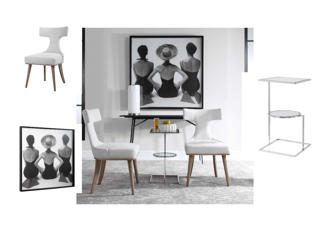 a minimalistic living room with two white chairs and an accent table