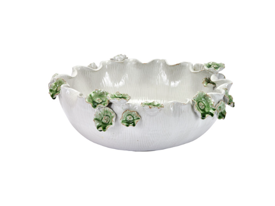 15&quot; Original Handmade Ceramic White Bowl With Green Flowers