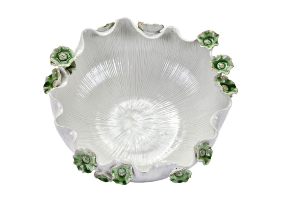 15&quot; Original Handmade Ceramic White Bowl With Green Flowers