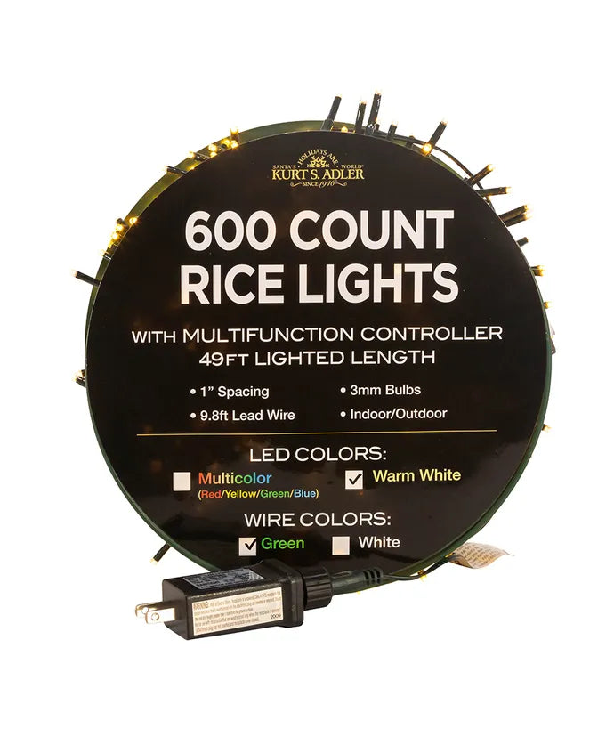 49&#39; 600-Light Warm White 3MM LED Multifunction Rice Lights With Green Wire