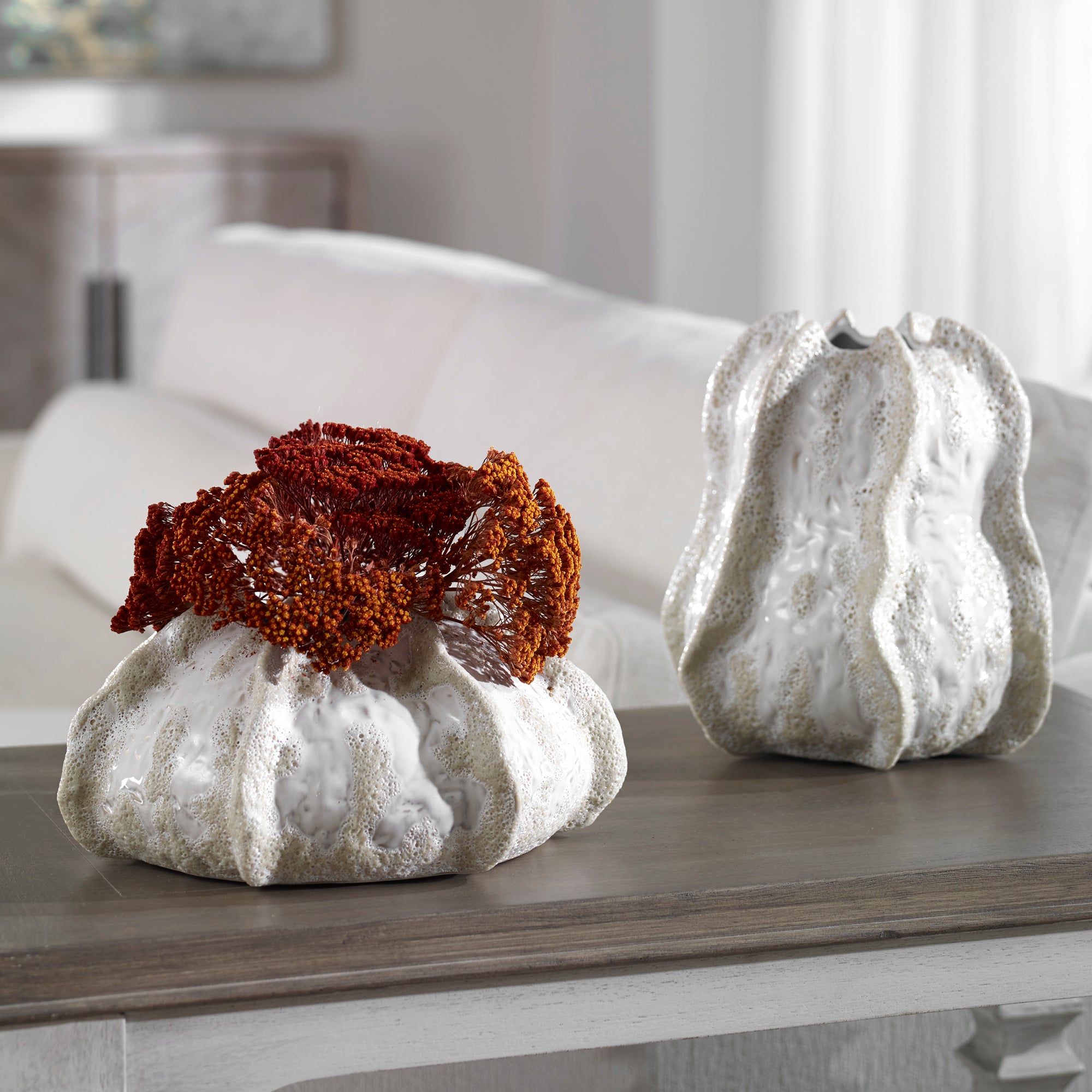 Urchin Textured Ivory Vases, S/2