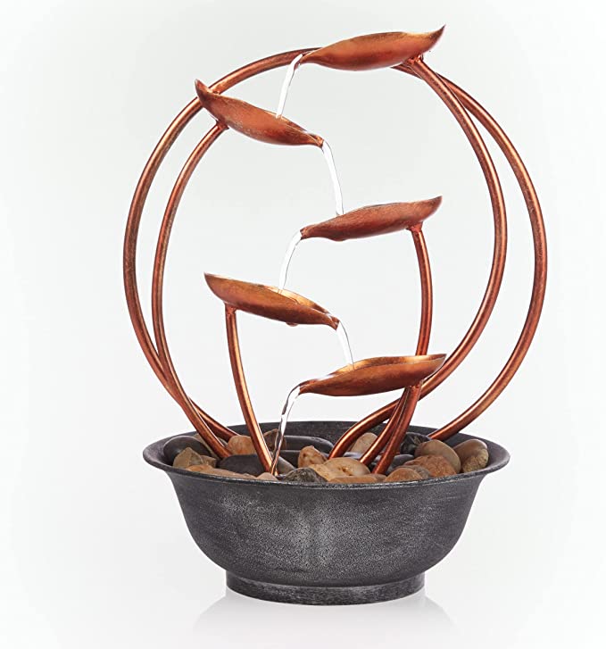 Indoor Multi-Tier Metal Leaf Tabletop Fountain with Stone-Filled Base