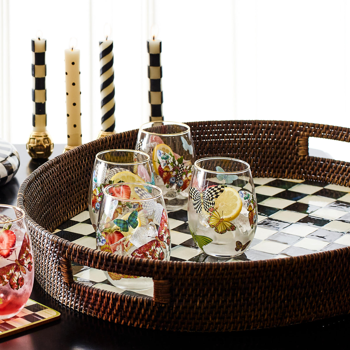 Courtly Check Rattan & Enamel Party Tray