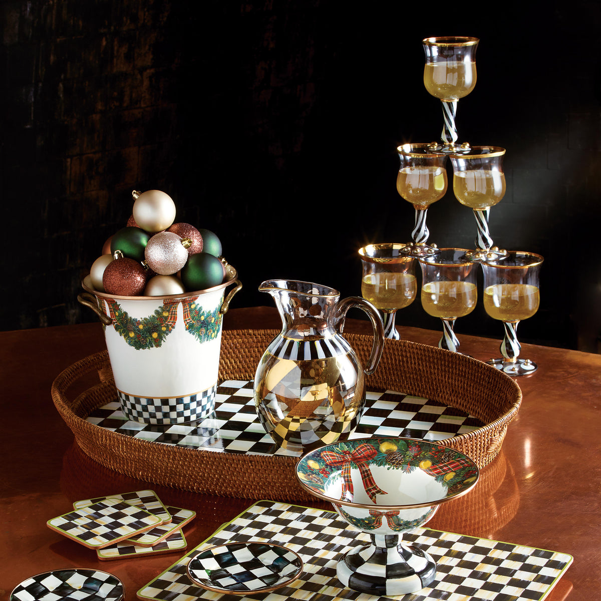 Courtly Check Rattan & Enamel Party Tray