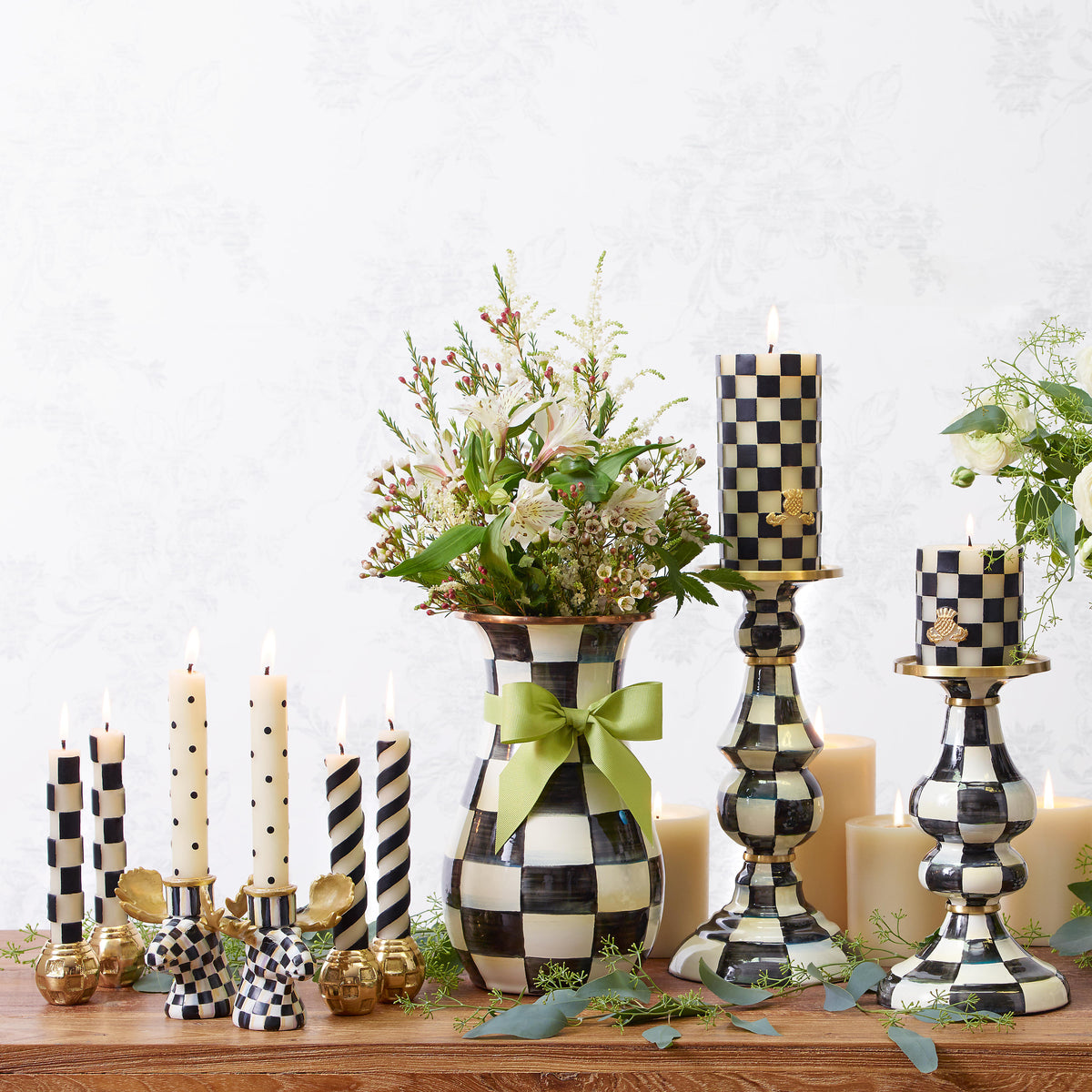Courtly Check Enamel Pillar Candlestick - Medium