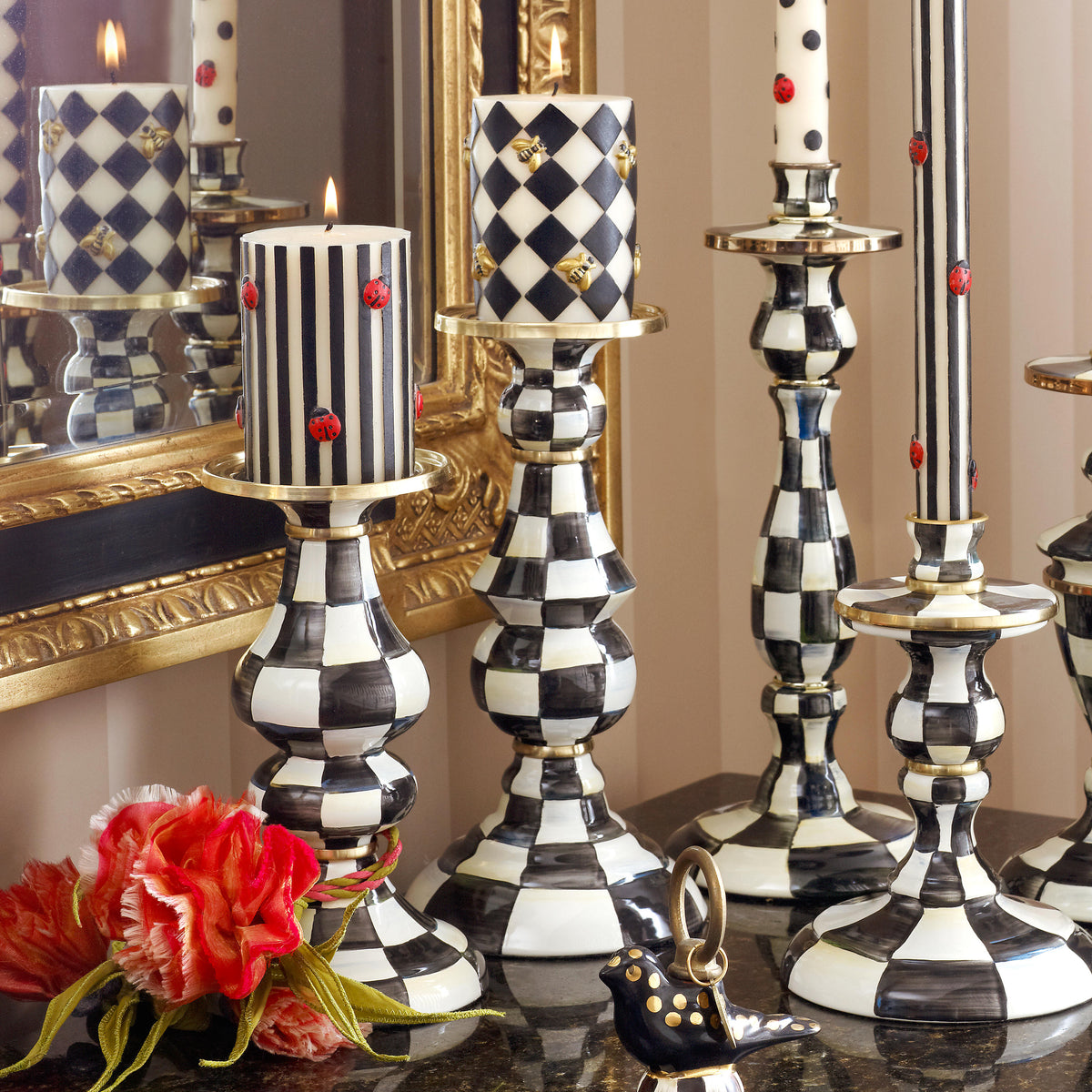 Courtly Check Enamel Pillar Candlestick - Medium