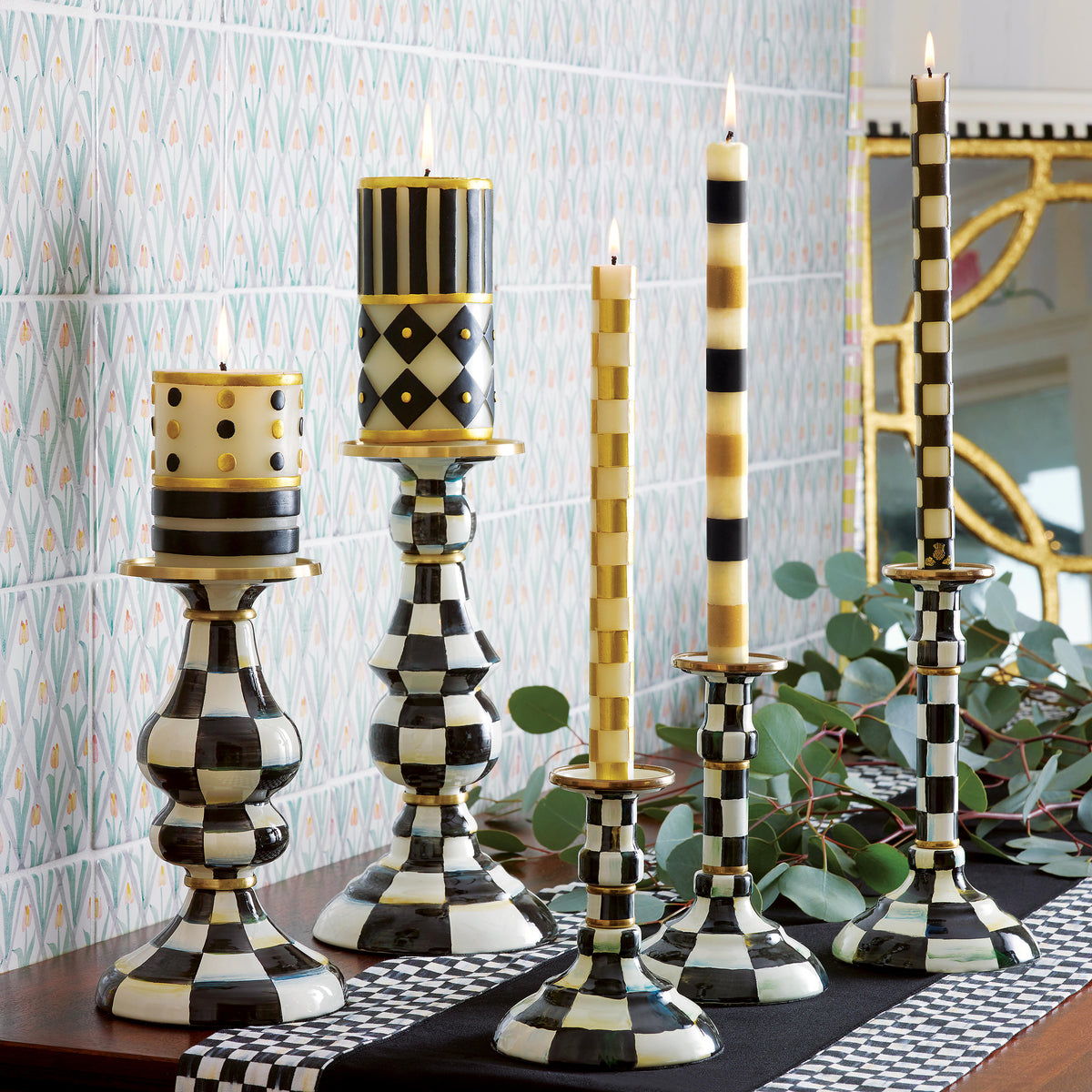 Courtly Check Enamel Pillar Candlestick - Medium
