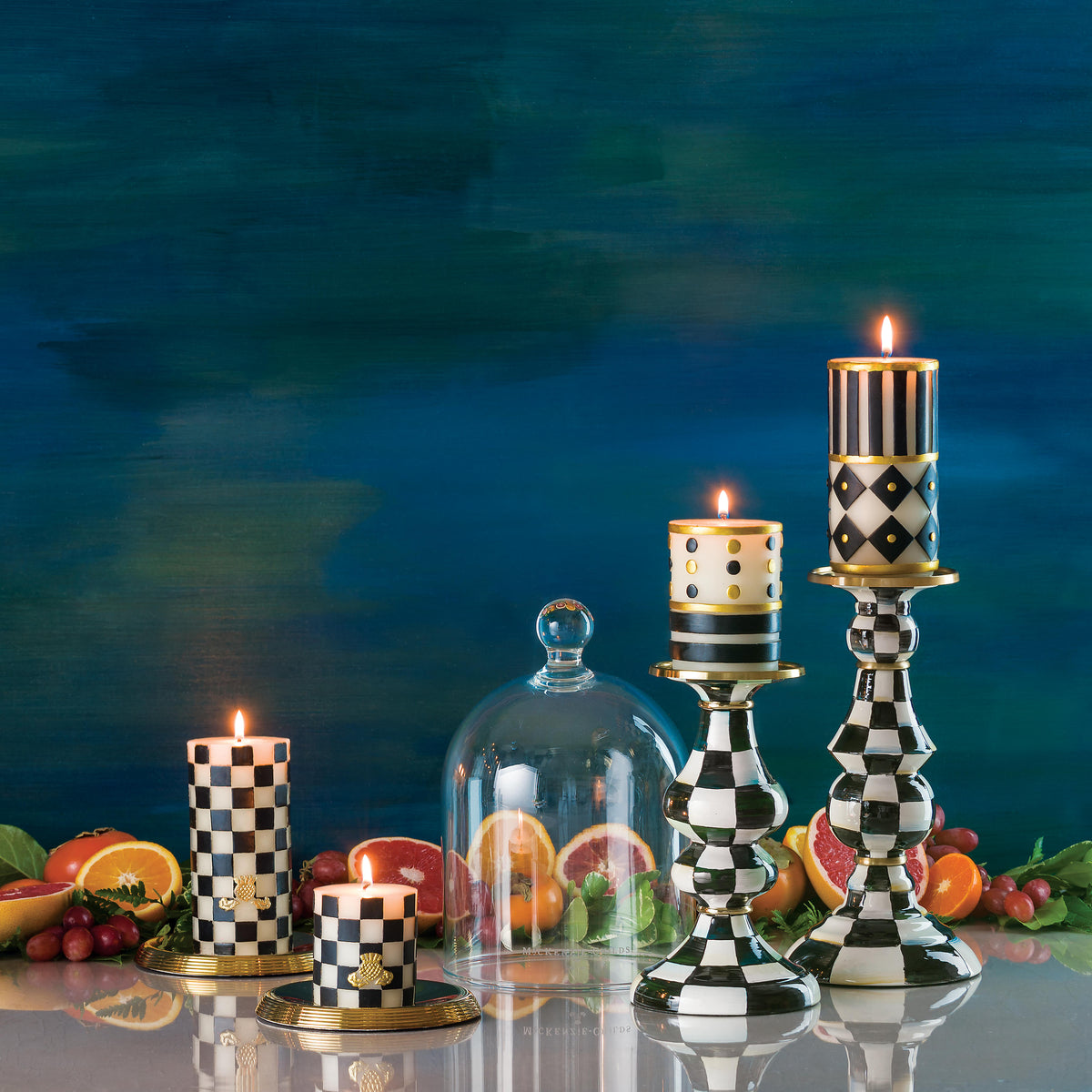 Courtly Check Enamel Pillar Candlestick - Medium
