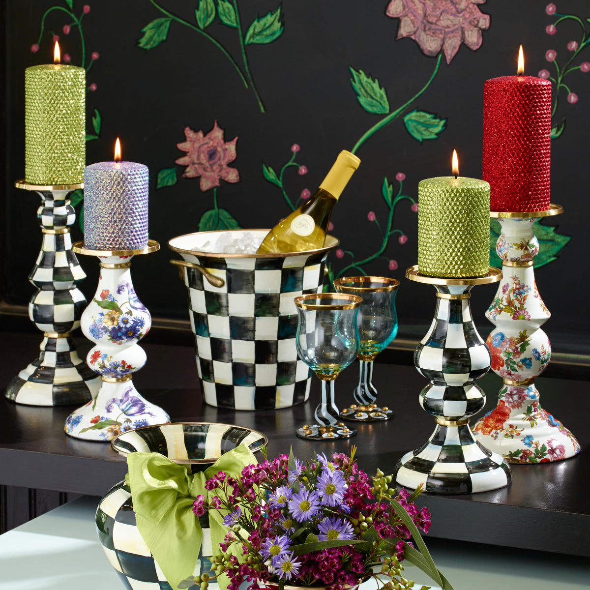 Courtly Check Enamel Pillar Candlestick - Medium