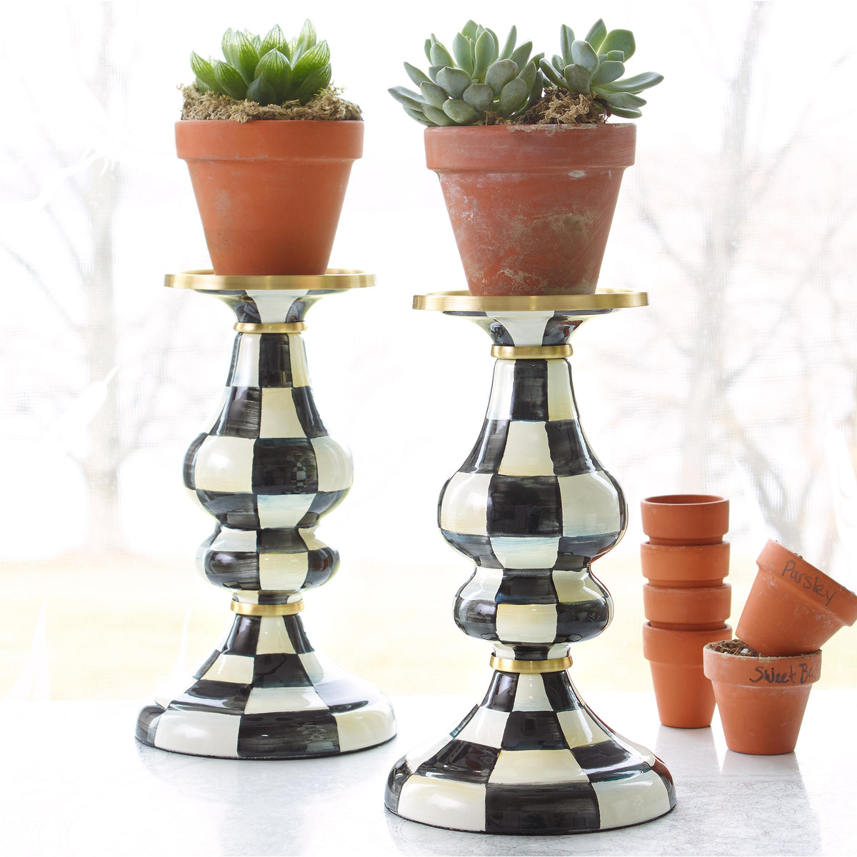Courtly Check Enamel Pillar Candlestick - Medium
