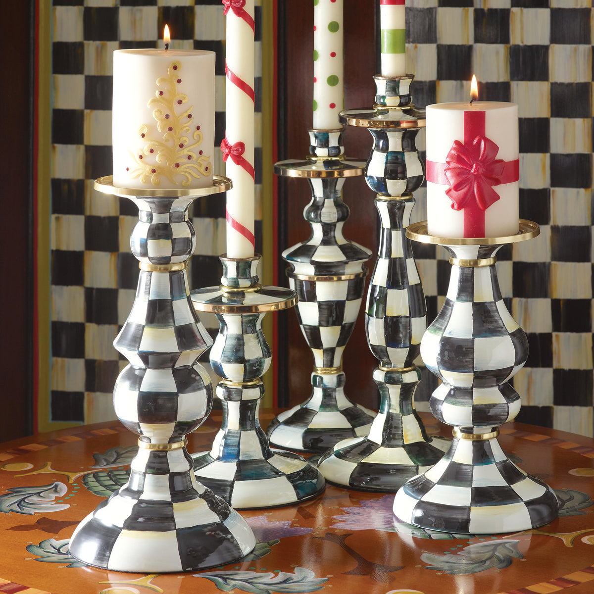 Courtly Check Enamel Pillar Candlestick - Medium