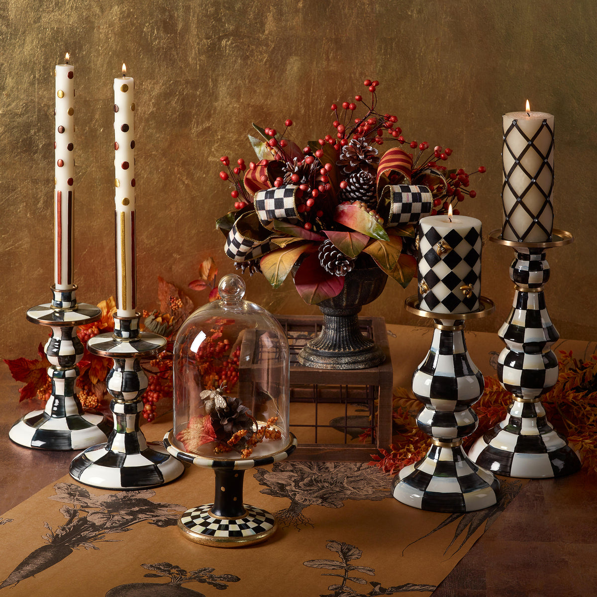 Courtly Check Enamel Pillar Candlestick - Medium
