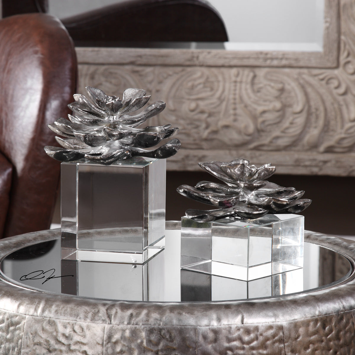 Indian Lotus Metallic Silver Flowers S/2