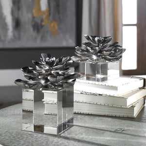 Indian Lotus Metallic Silver Flowers S/2