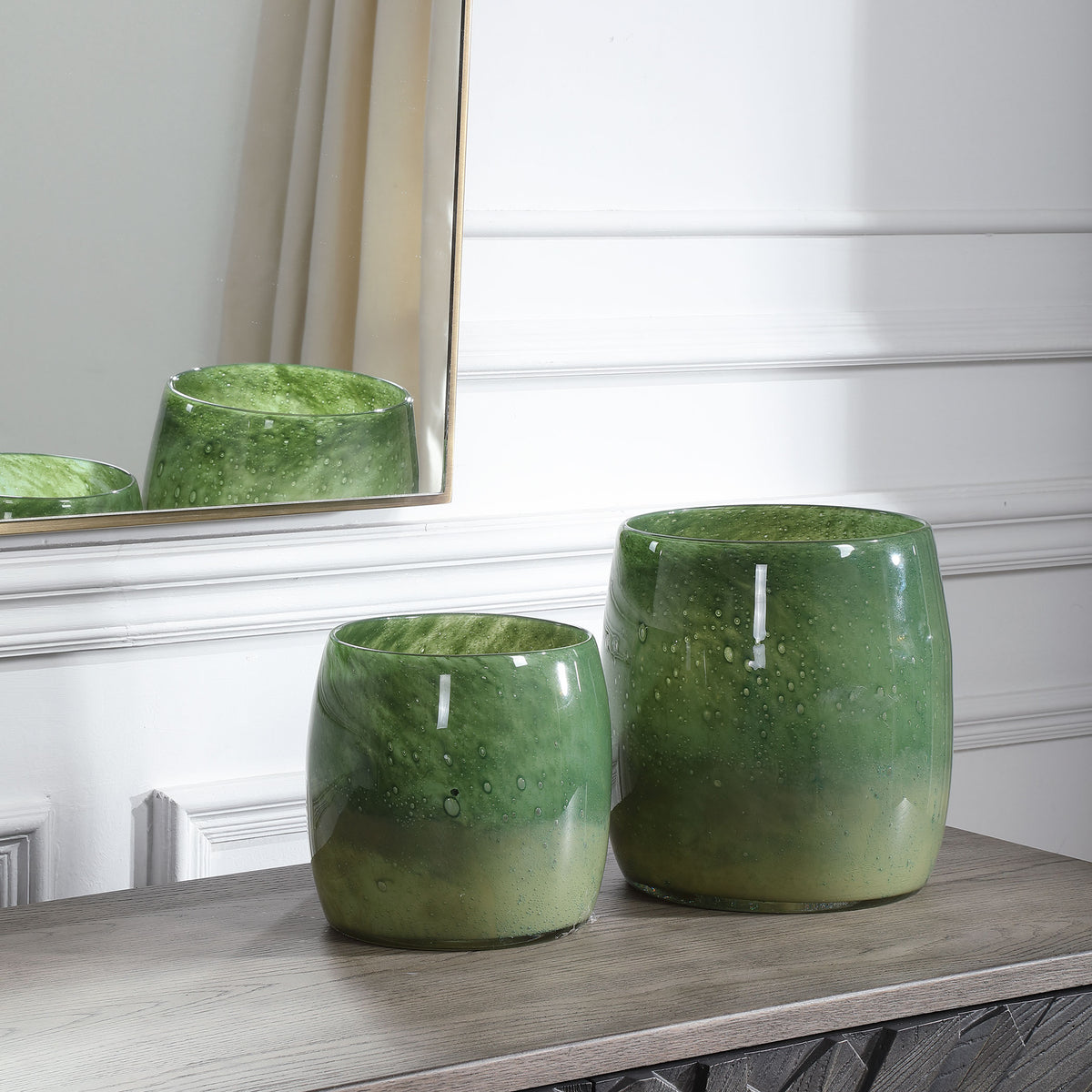 Matcha Green Glass Vases, S/2