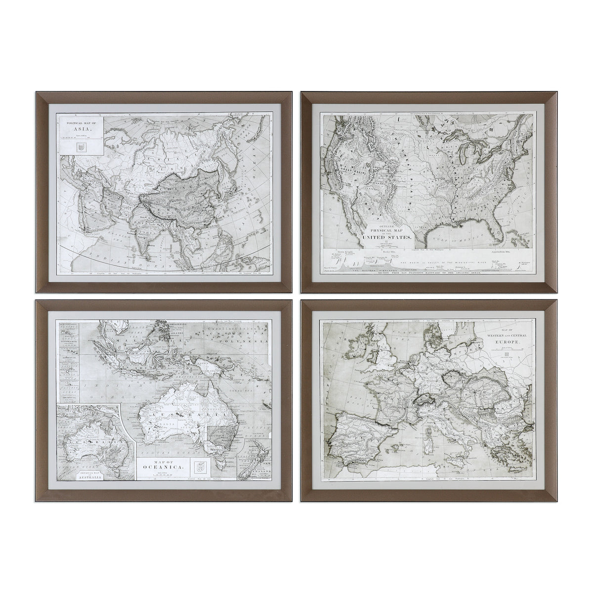 World Maps Framed Prints, S/4