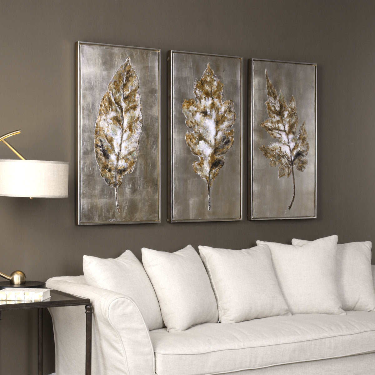 Champagne Leaves Hand Painted Canvases, S/3
