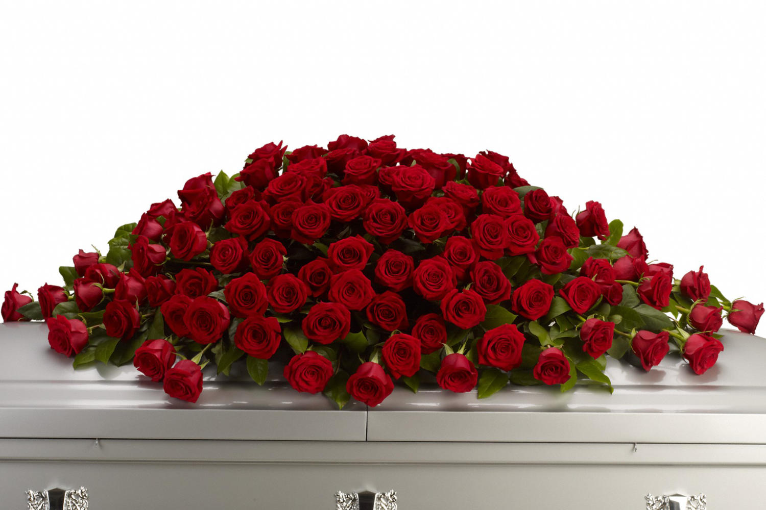 Funeral flowers, A loving embrace of rich, regal roses in an all-red spray to adorn a grey metallic casket.  A full spray of crimson roses, alternating large with slightly smaller roses