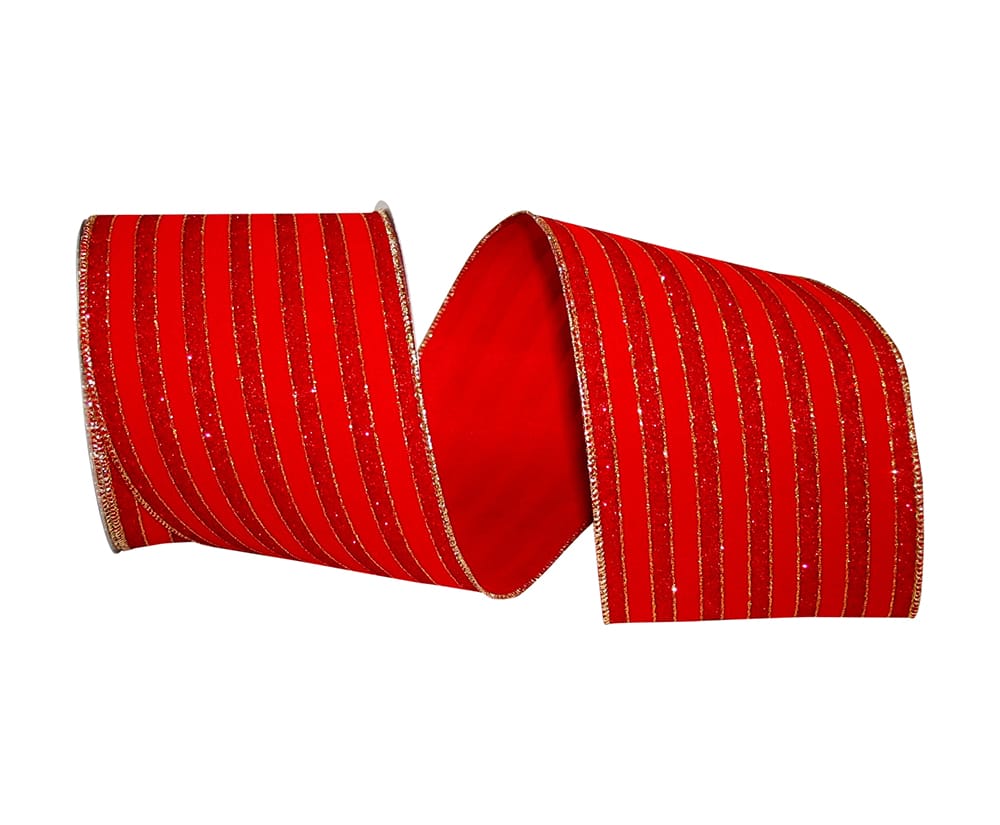 Glitter Stripe Velvet Wired Edge, Red