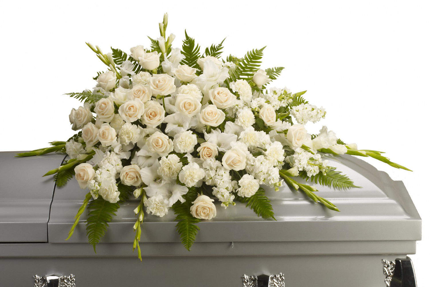A beautiful half casket spray with Crème roses, white gladioli, stock and carnations are lovingly arranged with graceful ferns and more in this understated yet stunning arrangement.