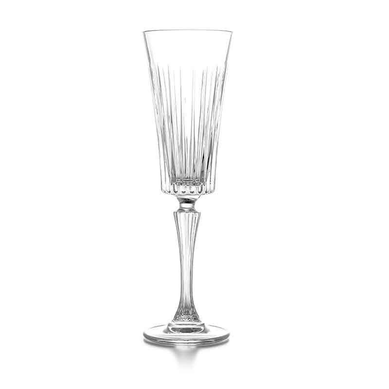 Set of glassware including, red wine, champagne flute, and white wine glasses. 