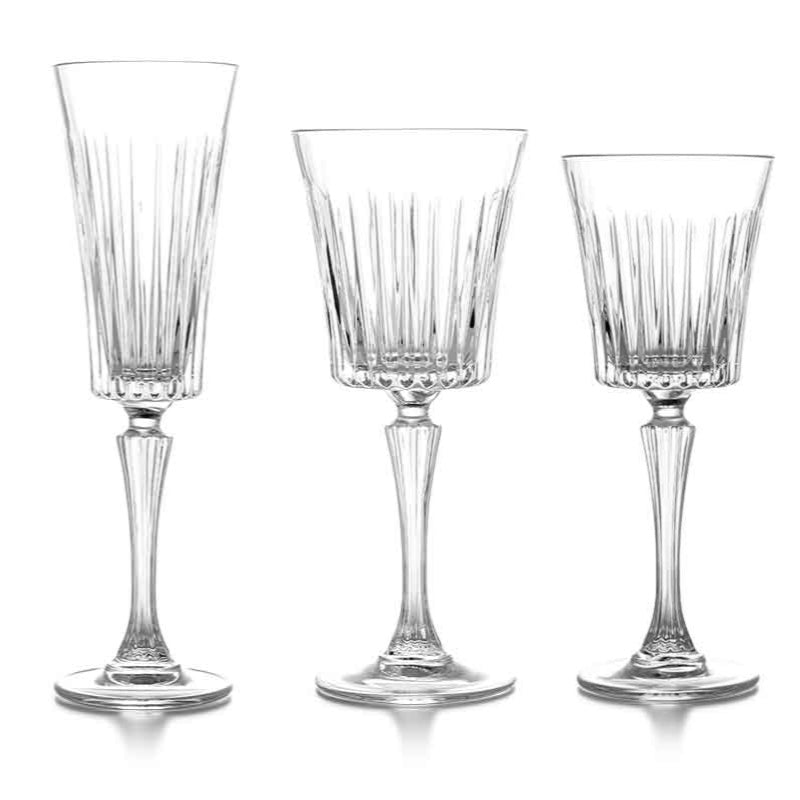 Set of glassware including, red wine, champagne flute, and white wine glasses. 
