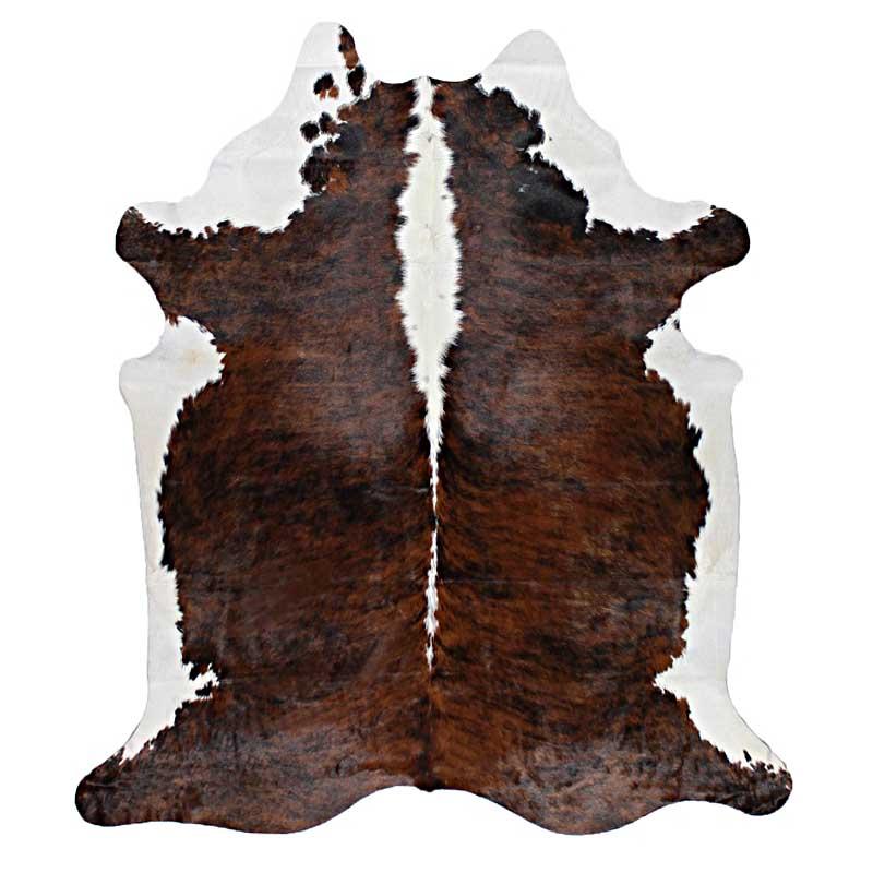 A Cowhide Rug in a Dark Tricolor Pattern, including, white and dark brown and black