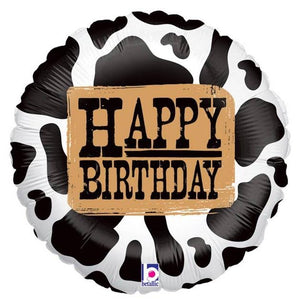 Western happy birthday balloon, with a cow skin pattern