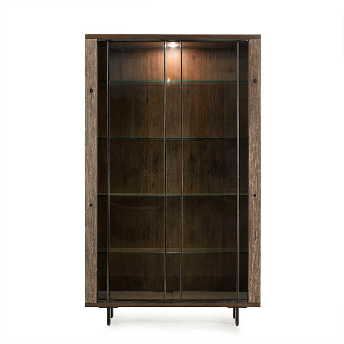 modern brown bookcase, with glass shelves and glass doors, it has a spot light on the top. front view