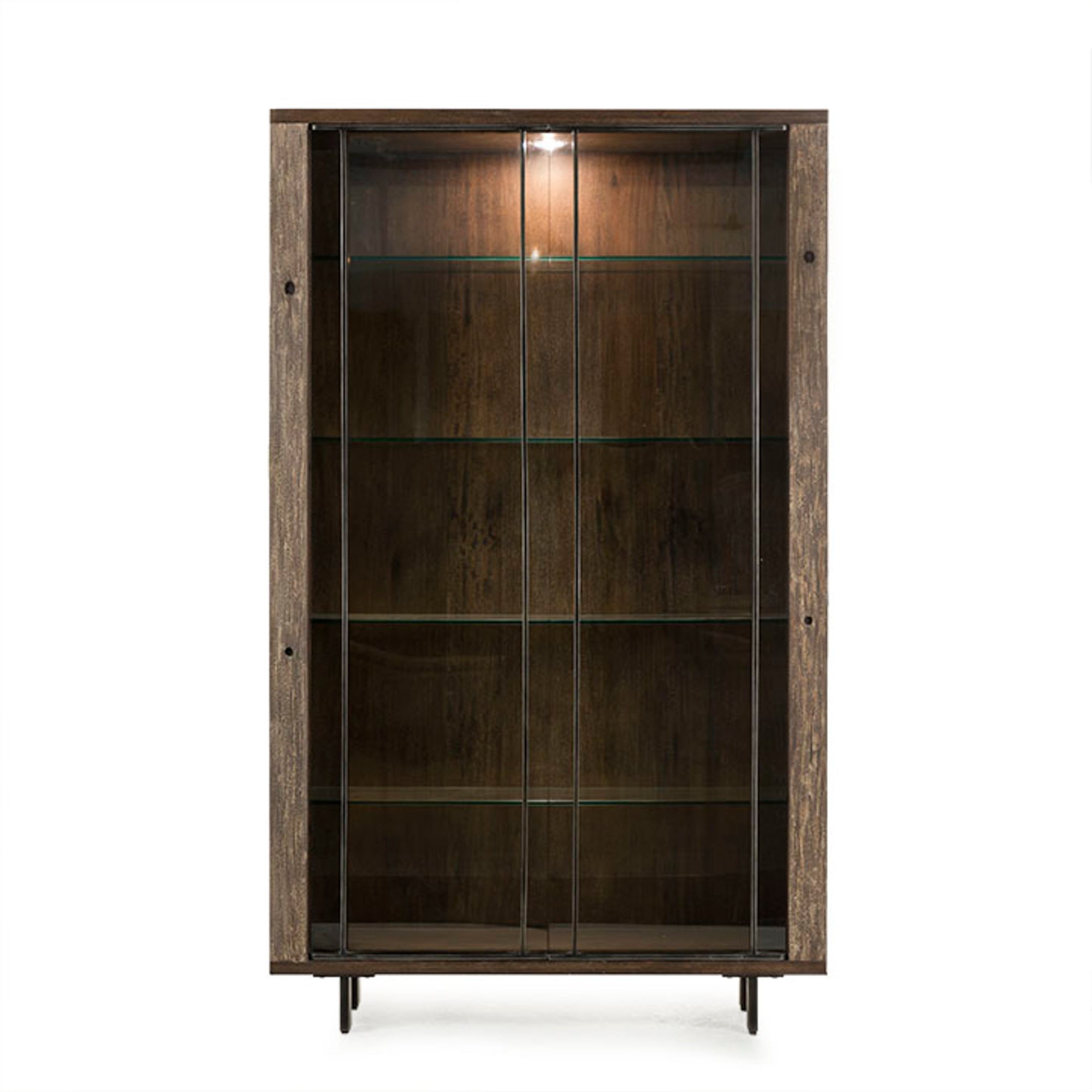 modern brown bookcase, with glass shelves and glass doors, it has a spot light on the top. front view