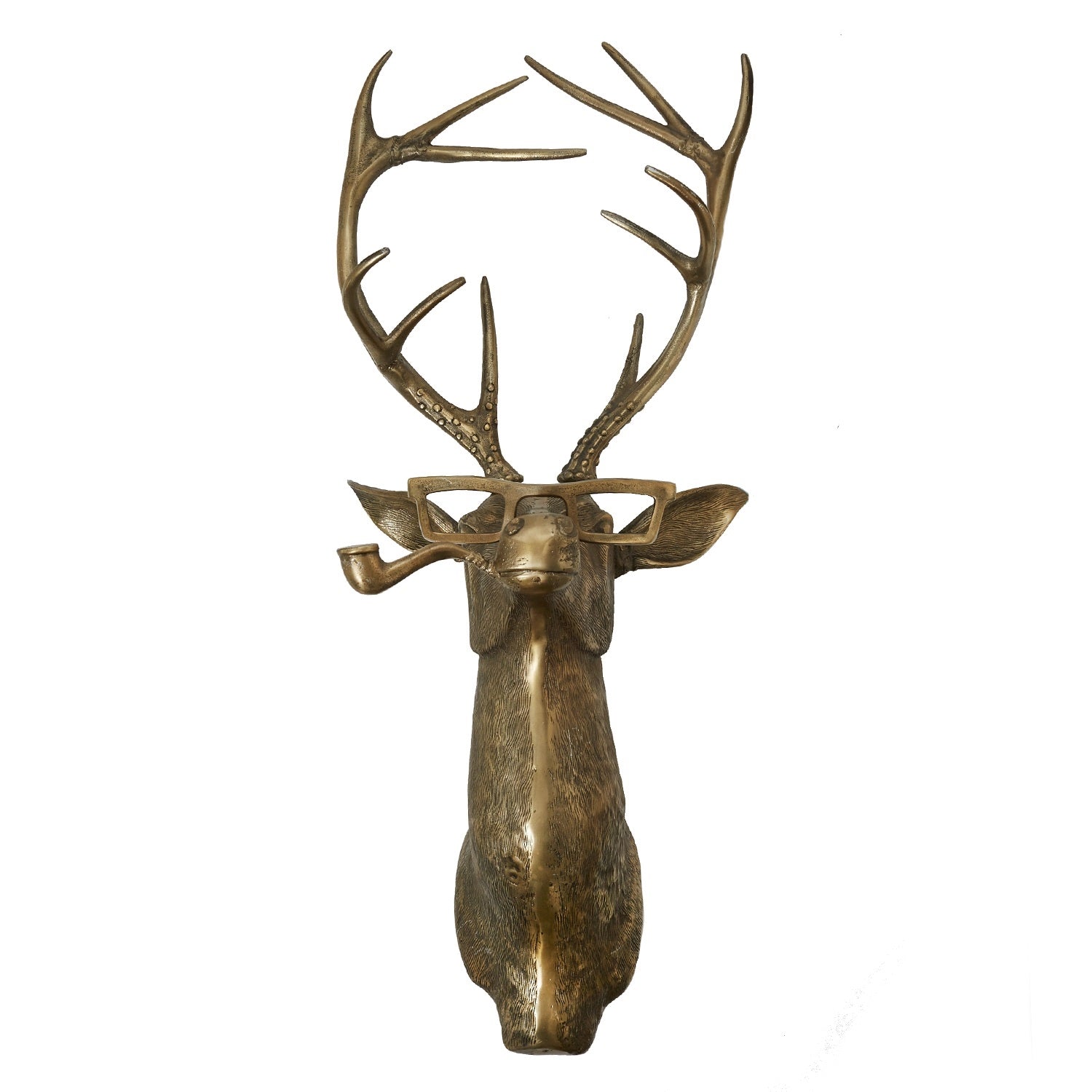 metal stag head in a brass finish smoking a pipe and wearing glasses